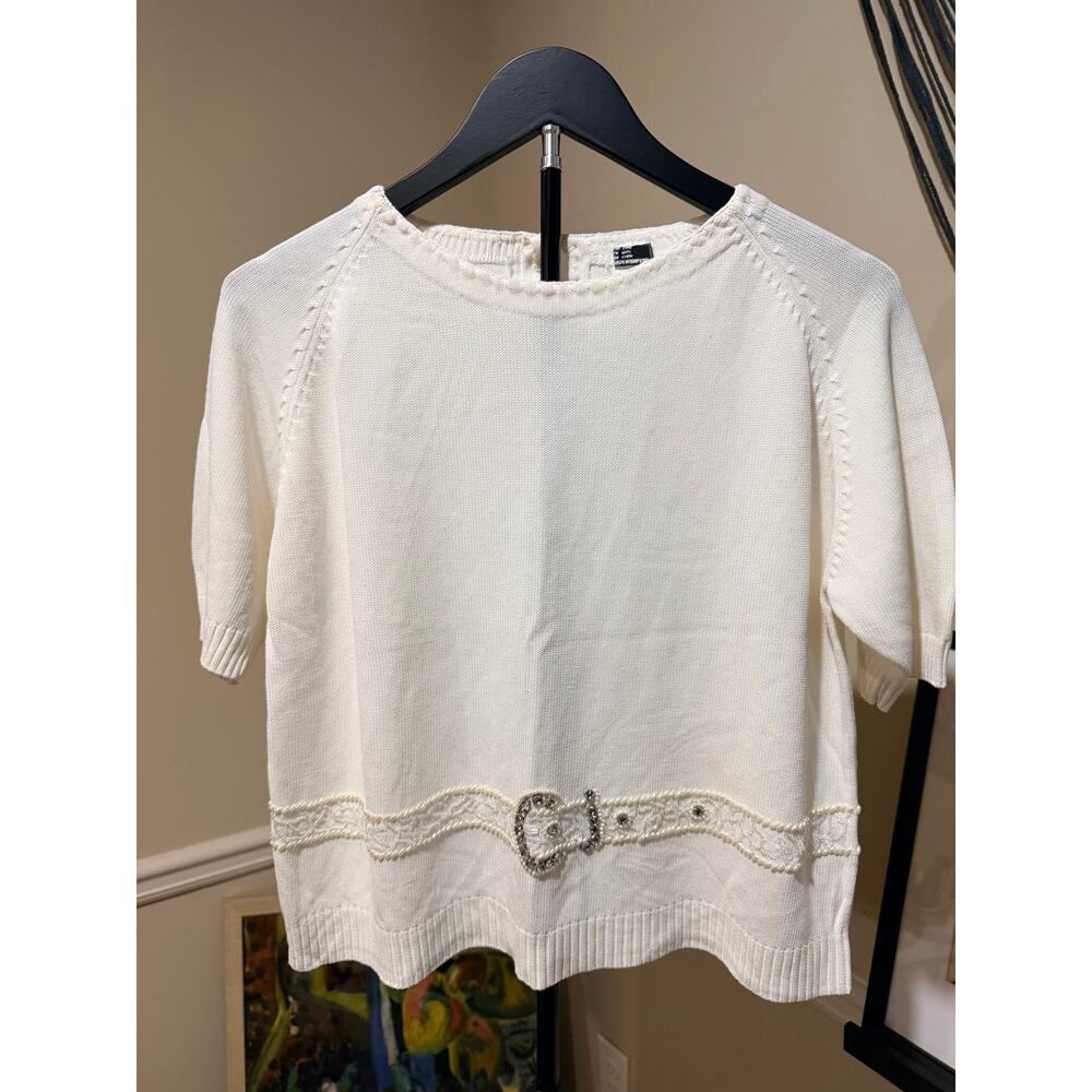 3 for $9 Unbranded white sweater embroidered rhinestone attached belt unique M